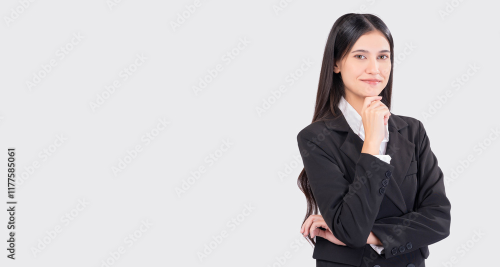 Confident leadership businesswoman in a black suit, posing thoughtfully. Ideal for themes related to corporate strategy, leadership, and professionalism Confident leadership businesswoman in a black suit, posing thoughtfully. Ideal for themes related to corporate strategy, leadership, and professionalism