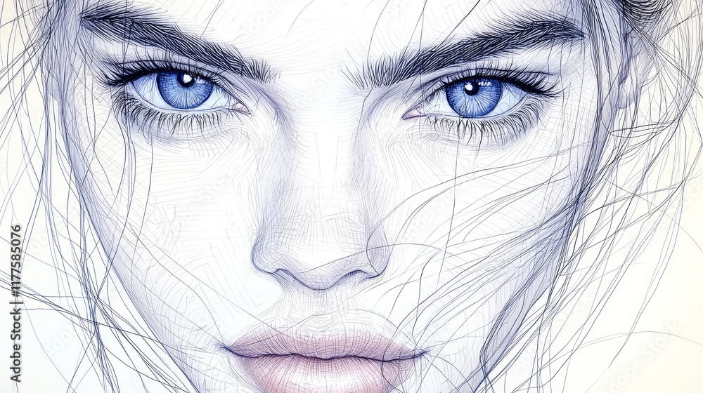 Obraz premium Close-up portrait of a woman with intense blue eyes and windblown hair, rendered in a delicate, pencil-like style.