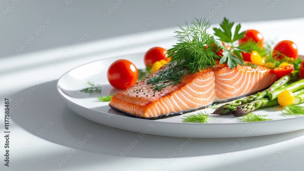 Delicious gourmet salmon dish with colorful vegetables and herbs Delicious gourmet salmon dish with colorful vegetables and herbs