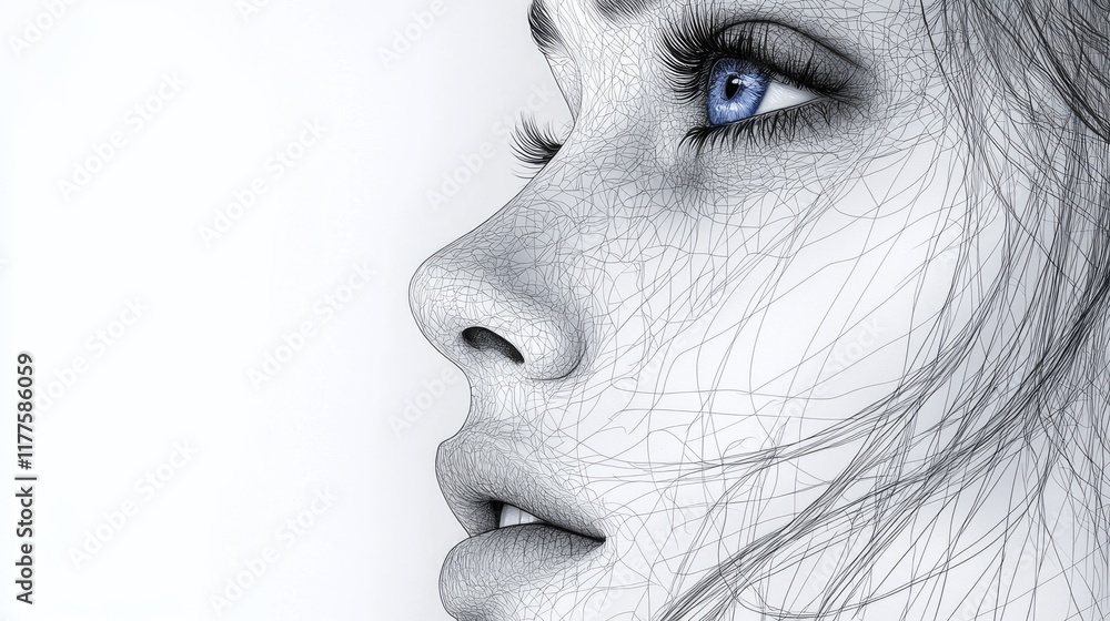 Fototapeta premium Close-up profile of a woman's face, rendered in a stylized line art style, with a focus on her striking blue eye.
