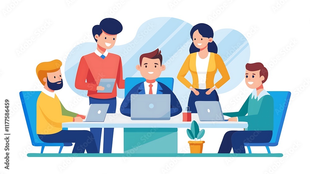 A corporate team and manager working together in flat illustration on white background A corporate team and manager working together in flat illustration on white background