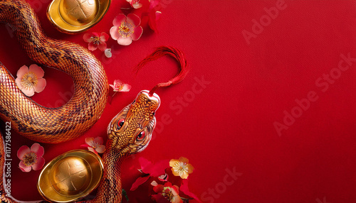 Year of the snake design wallpaper with Chinese pattern, decorations featuring snake and lanterns for a festive celebration, Chinese new year
