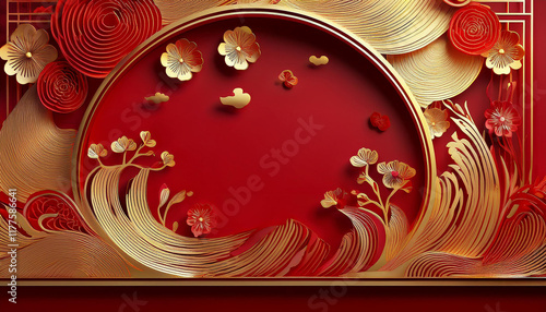 Red and gold design wallpaper with Chinese pattern, Elegant greeting design for Chinese New Year 