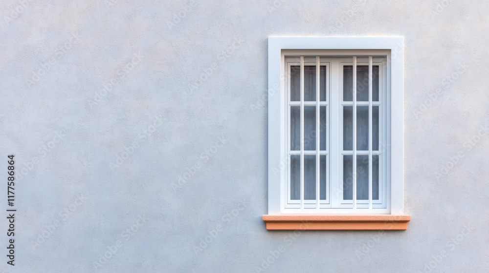 Simple white window with orange sill on a light gray wall. Simple white window with orange sill on a light gray wall.