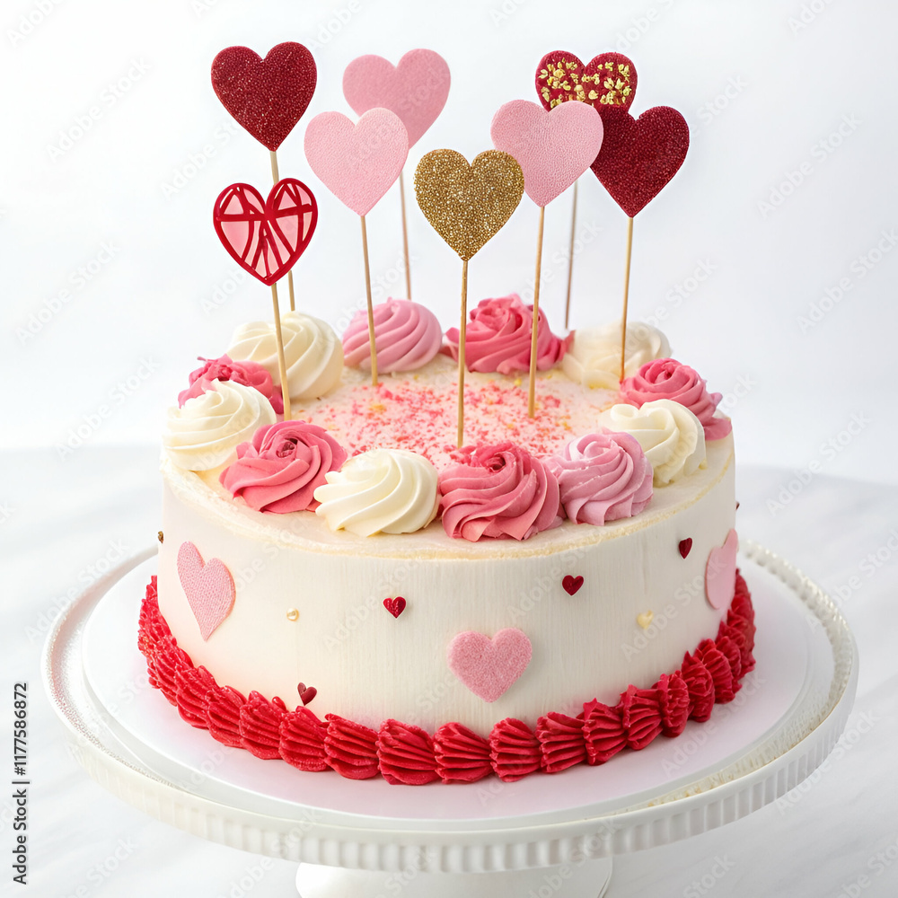 A beautiful cake with heart toppers, perfect for Valentine's Day, Mother's Day, or birthdays, set against a clean background A beautiful cake with heart toppers, perfect for Valentine's Day, Mother's Day, or birthdays, set against a clean background