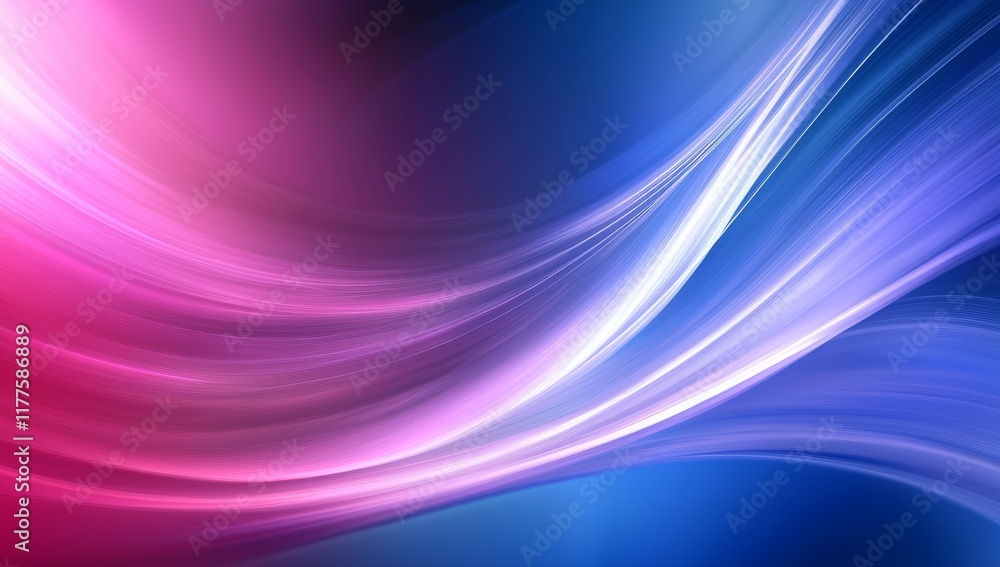 Obraz premium Gradient waves in blue and pink for a modern tech background, complemented by dynamic neon pink and blue light trails