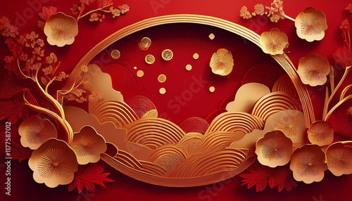 Red and gold design wallpaper with Chinese pattern, Elegant greeting design for Chinese New Year 