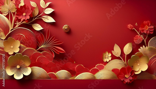 Red and gold design wallpaper with Chinese pattern, Elegant greeting design for Chinese New Year 