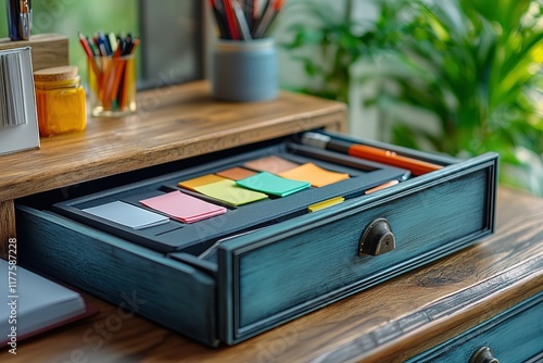 Wallpaper Mural Organized desk drawer with colorful sticky notes and pens. Torontodigital.ca