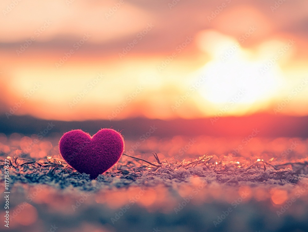 Fototapeta premium A vibrant heart shape on grass at sunset, symbolizing love and warmth