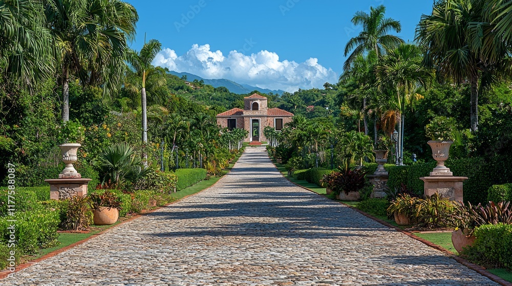 Cobblestone pathway leads to a colonial-style mansion nestled in a lush tropical garden with palm trees and manicured hedges under a sunny sky.