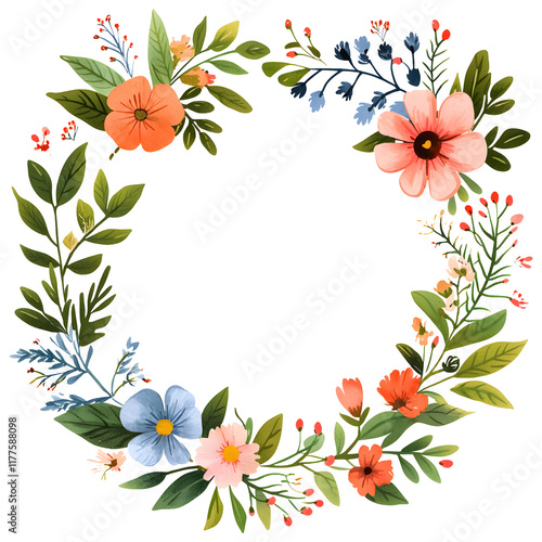 Floral frame with flowers wreath isolated on transparent.