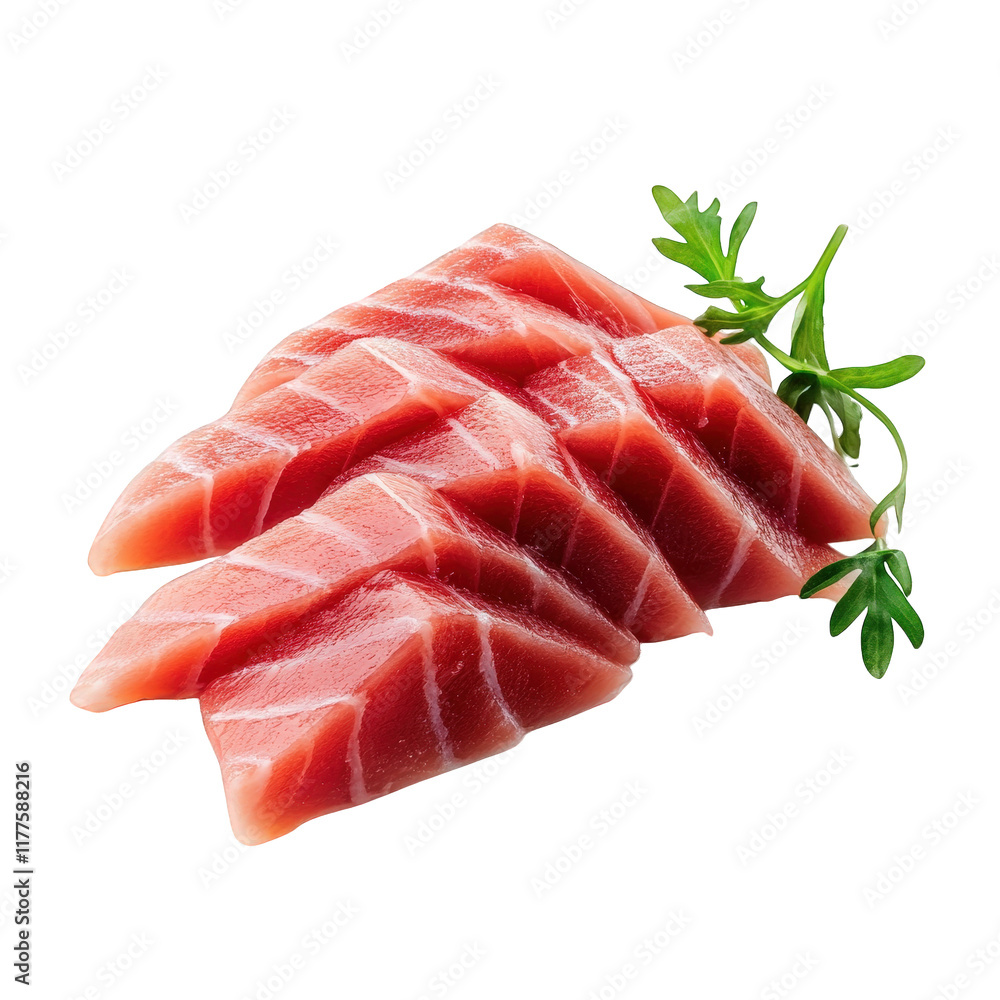 several slices of fresh. pink tuna arranged neatly. accompanied by a sprig of green arugula the presentation highlights the quality and freshness of the fish. suggesting its use in sushi or sashimi di several slices of fresh. pink tuna arranged neatly. accompanied by a sprig of green arugula the presentation highlights the quality and freshness of the fish. suggesting its use in sushi or sashimi di