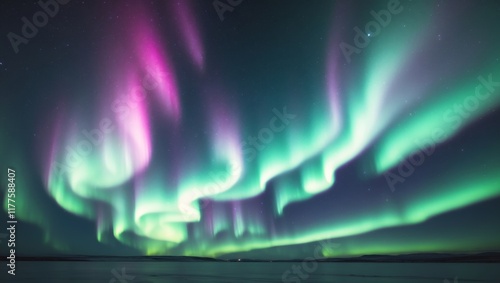 Enchanting display of Northern Lights gracefully dances across night s. photo