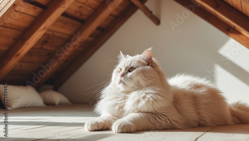 Enormous fluffy white cat in cozy attic room with wooden interior. photo