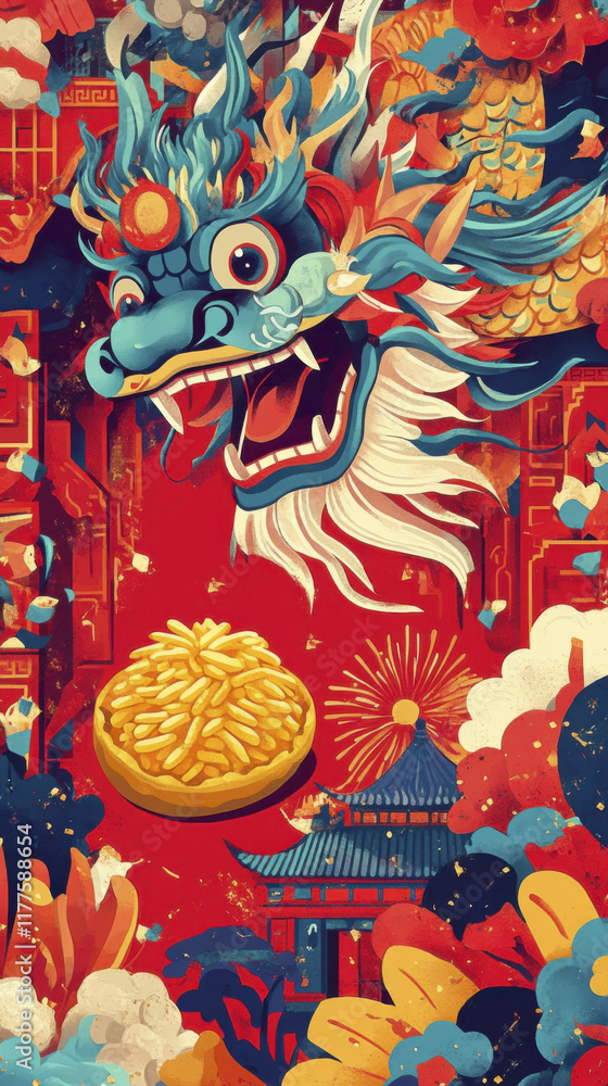 Cheerful Chinese New Year design featuring vibrant dragon and gold ingots Cheerful Chinese New Year design featuring vibrant dragon and gold ingots