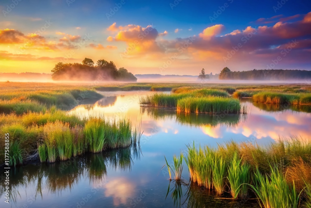 Fototapeta premium Misty Marsh at Dawn: Serene Landscape Photography