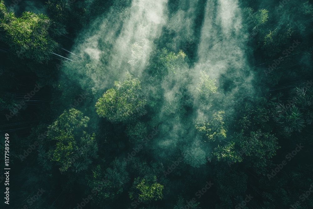 Obraz premium From above, a misty tropical rainforest appears shrouded in fog