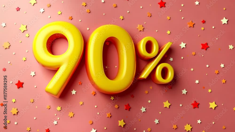 Bright Yellow Numbers Indicating Ninety Percent With Colorful Stars Decorating a Pink Background Bright Yellow Numbers Indicating Ninety Percent With Colorful Stars Decorating a Pink Background
