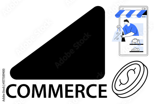 Smartphone displaying online shopping, person buying items, large Commerce text, coin icon. Ideal for online business, mobile shopping, digital economy, e-commerce growth, financial transactions