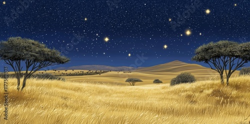 In the twilight, the savannah stretches wide with grass that twinkles like stars photo