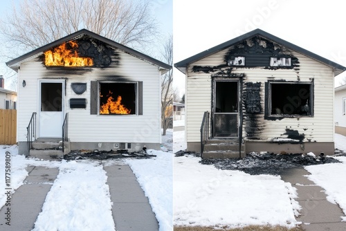 Before After Fire Damage House Restoration - Dramatic transformation of a fire-damaged house.  Restoration, recovery, resilience, rebuilding, renewal. photo