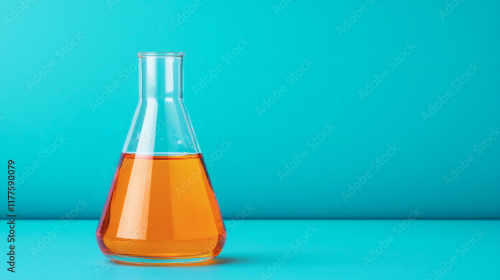 Orange liquid in glass Erlenmeyer flask on teal background. Orange liquid in glass Erlenmeyer flask on teal background.