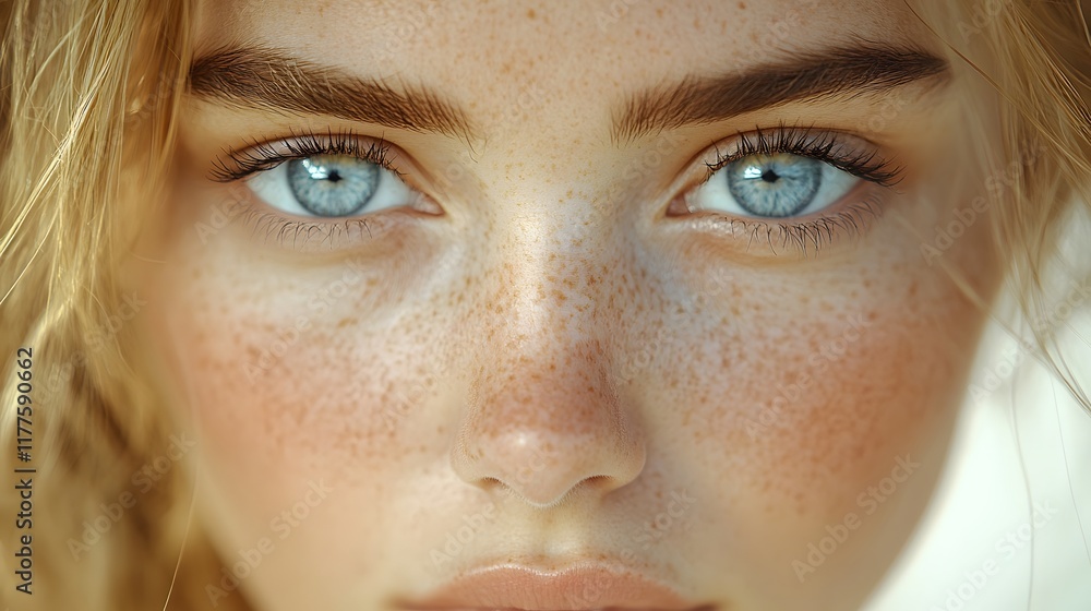 Intimate Close Up Portrait of a Captivating Woman with Striking Blue Eyes and Delicate Freckles Intimate Close Up Portrait of a Captivating Woman with Striking Blue Eyes and Delicate Freckles