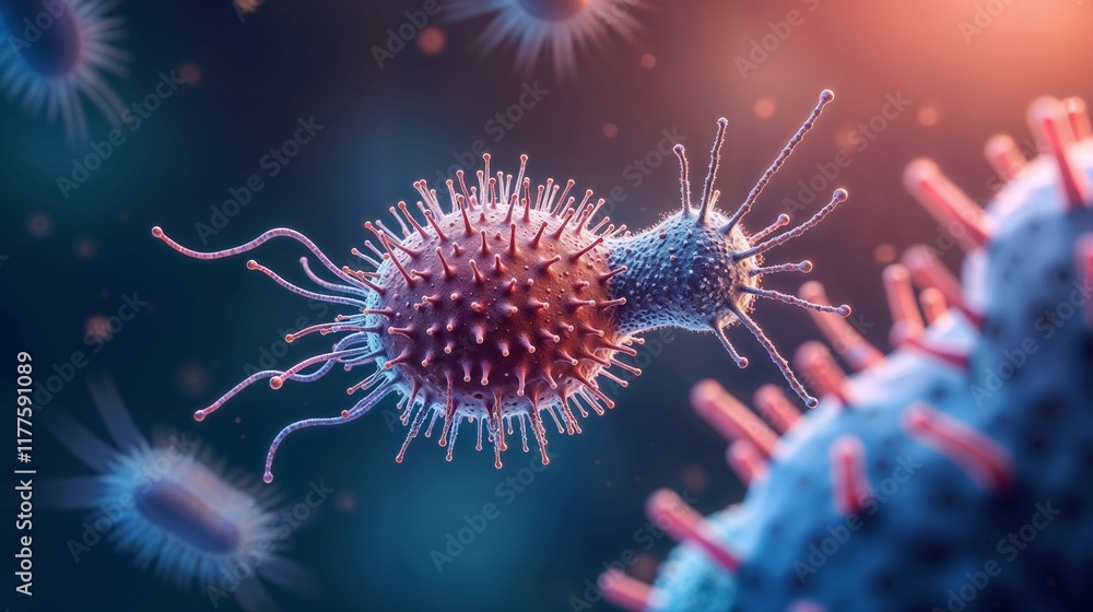 Fototapeta premium Microscopic view of a virus interacting with host cells in a laboratory setting