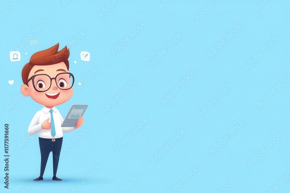 Cute cartoon ceo with holographic tablet digital workplace character design bright environment engaging viewpoint innovation concept Cute cartoon ceo with holographic tablet digital workplace character design bright environment engaging viewpoint innovation concept