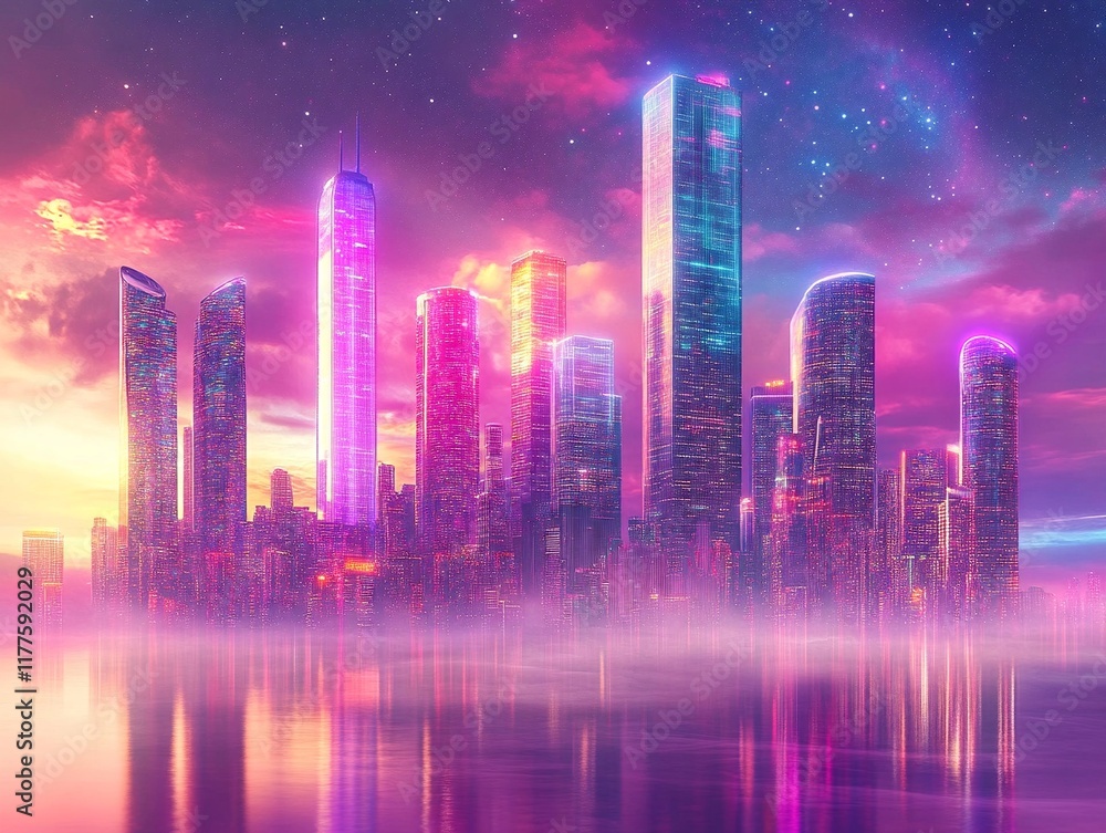 A vibrant futuristic city skyline with colorful lights and reflections A vibrant futuristic city skyline with colorful lights and reflections