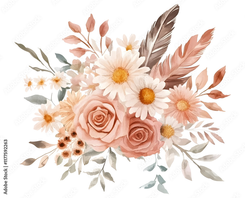 Fototapeta premium Bouquet of roses and feather isolated on transparent.