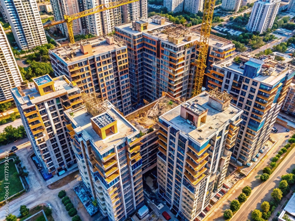Fototapeta premium Modern High-Rise Residential Building Construction Site Minimalist Aerial View