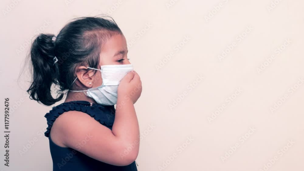 Indian Girl Kid (child )having Coughing Problem With Face cover Via Mask Indian Girl Kid (child )having Coughing Problem With Face cover Via Mask