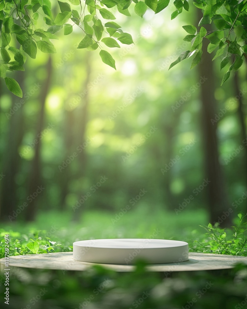 product podium in nature outdoors forest blurred green background. placement of natural products, stand on a pedestal. product podium in nature outdoors forest blurred green background. placement of natural products, stand on a pedestal.