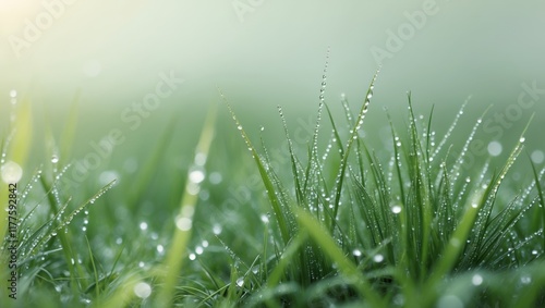 Lush green grass with dew drops covering the surface. photo