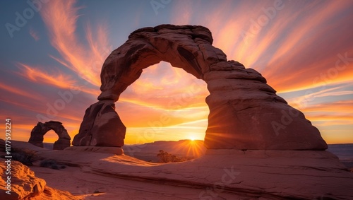 Majestic Natural Rock Arch at Sunset with Warm Tones and Dramatic Sky photo