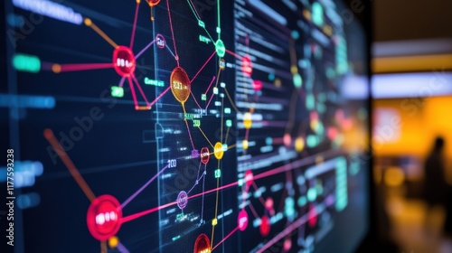 Manufacturing process management software is displaying colorful numbers and connections on a large monitor, indicating a complex and interconnected system