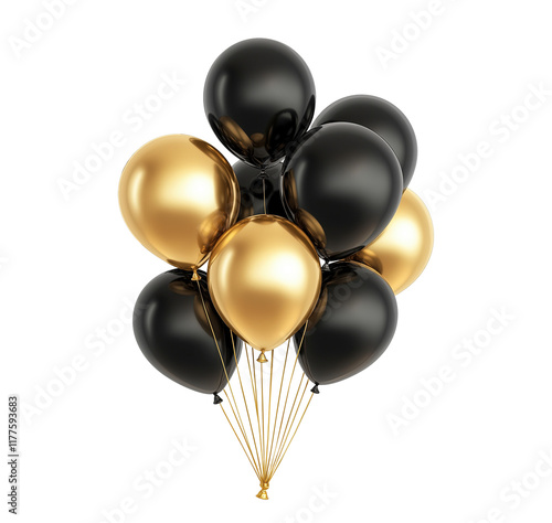 Elegant black and gold balloons cluster image isolated transparent. Black Friday event decoration cut out photo png. Formal celebration baloons cutout element object photography