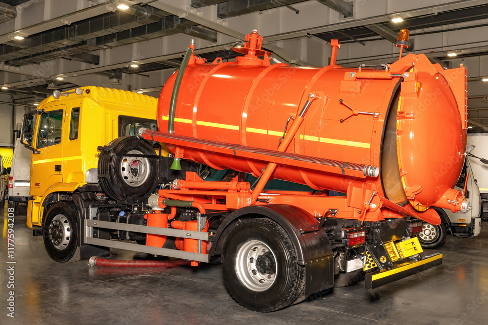 Bright orange industrial truck poses in a modern warehouse during a busy workday