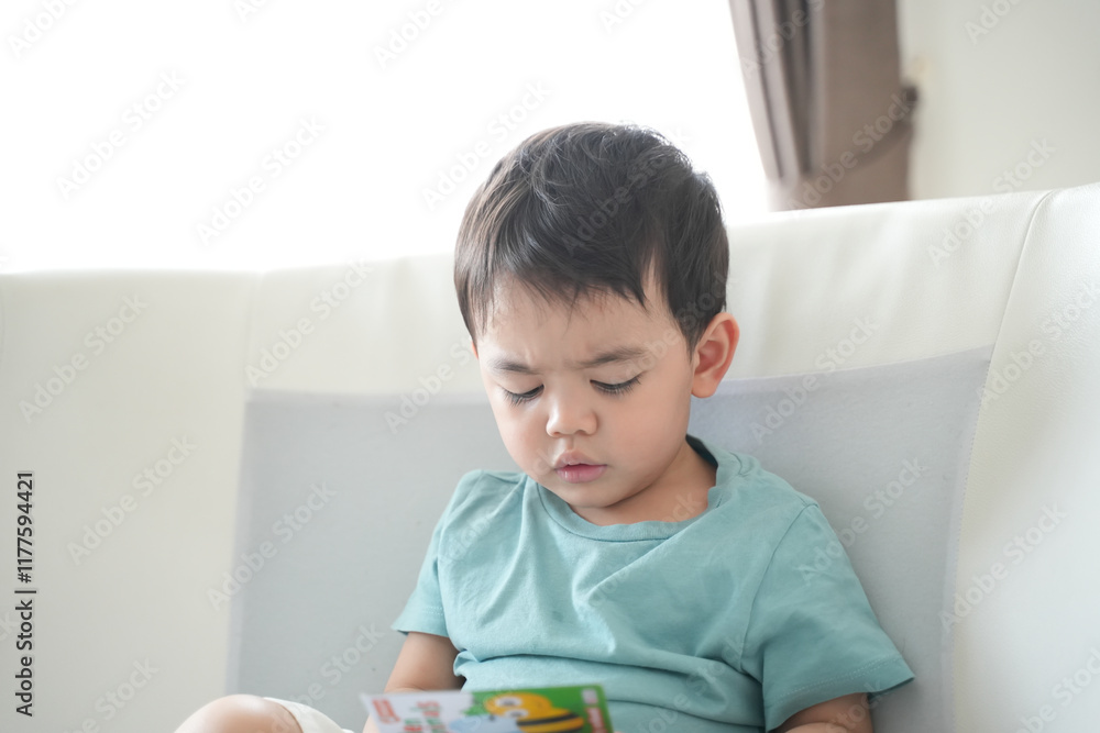 Little boy reading a book in the living room interior at home. Prepare to come back to school. Little boy reading a book in the living room interior at home. Prepare to come back to school.