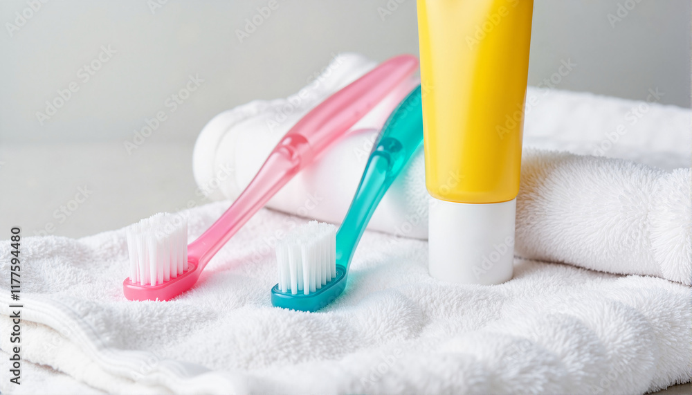 Toothbrushes and toothpaste on white towel background, dental care, dentist day Toothbrushes and toothpaste on white towel background, dental care, dentist day