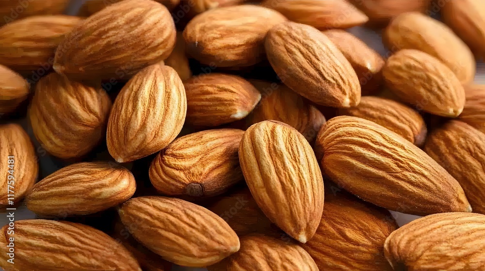 A pile of raw almonds on a white plate with a white background A pile of raw almonds on a white plate with a white background