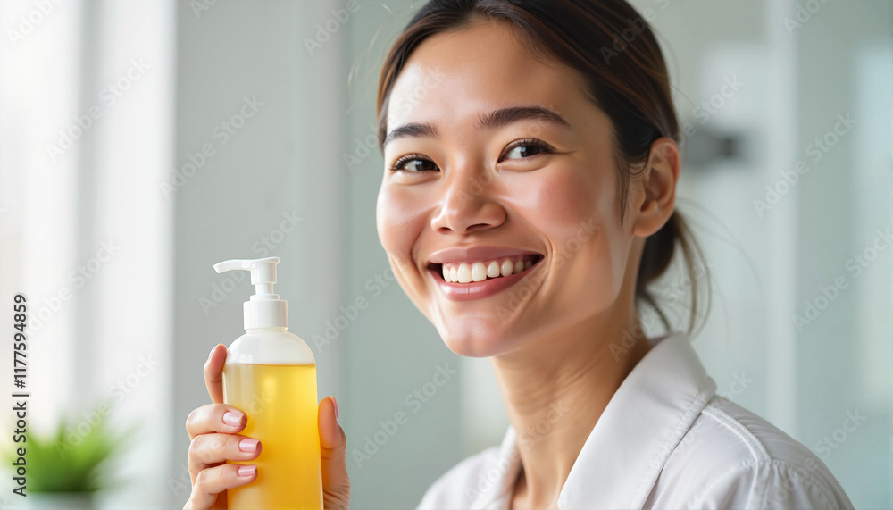 Smiling woman holding skincare product in bright interior, dental care, dentist day Smiling woman holding skincare product in bright interior, dental care, dentist day