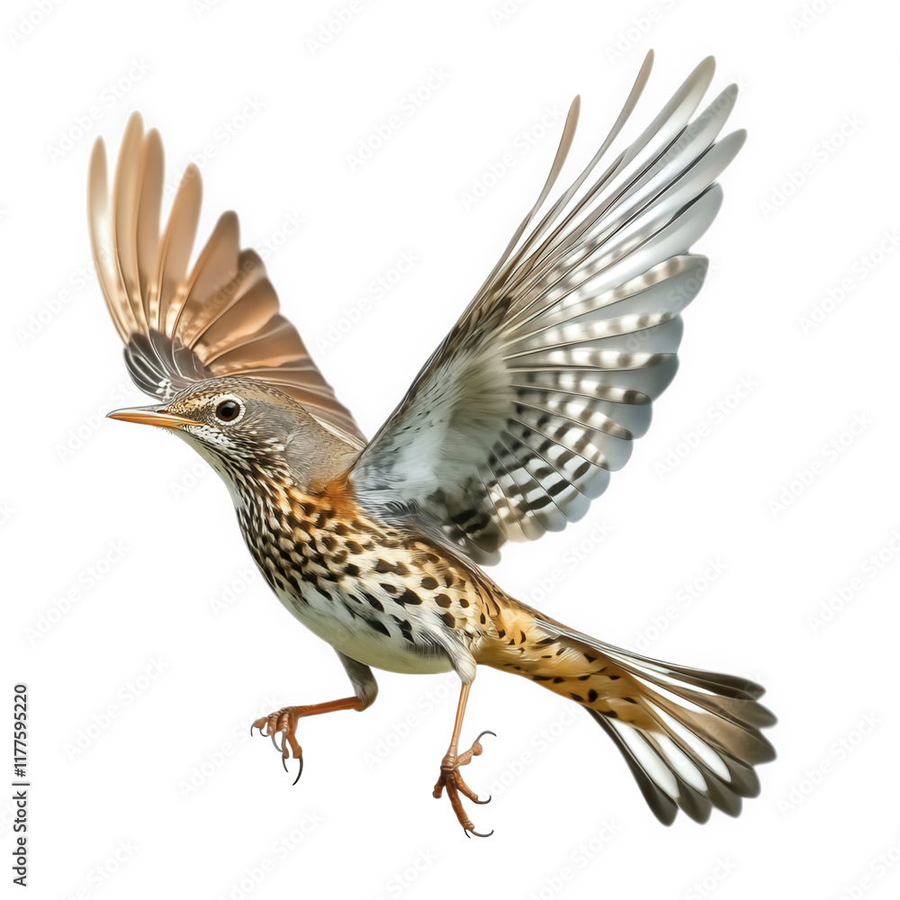 Fototapeta premium bird in mid-flight. showcasing its detailed plumage with a blend of brown. white. and black colors the wings are spread wide. emphasizing its graceful movement and natural beauty. making it a striking