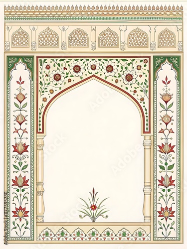 Intricate floral archway frame design in a traditional mughal style
