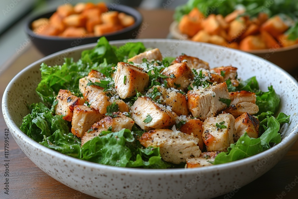 Grilled chicken Caesar salad in a bowl, garnished with parmesan cheese and parsley. Grilled chicken Caesar salad in a bowl, garnished with parmesan cheese and parsley.