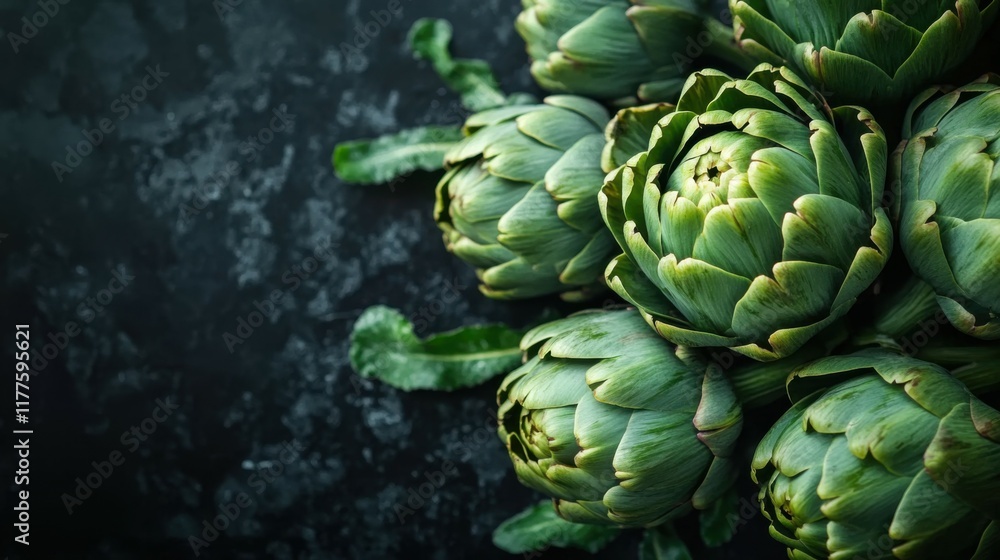 Fototapeta premium Artichoke closeup. Fresh raw organic green artichokes isolated on a black background. Vegetarian food. Raw vegetables at a market. Vegan background.