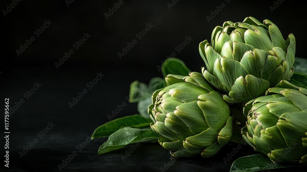 Fototapeta premium Artichoke closeup. Fresh raw organic green artichokes isolated on a black background. Vegetarian food. Raw vegetables at a market. Vegan background.