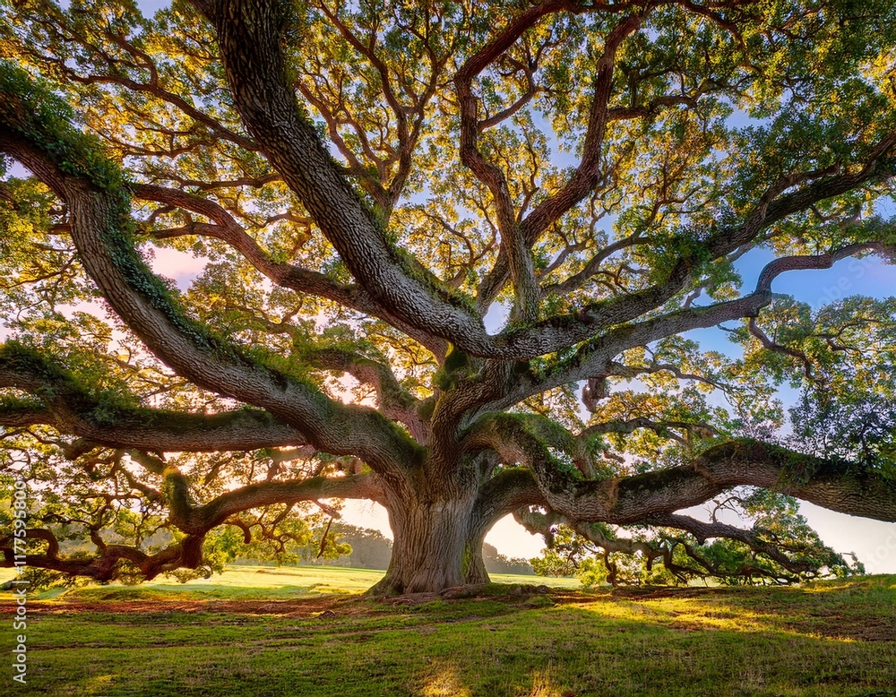 Panoramic view of the sprawling branches of the Angel Oak Tree, showcasing its majestic canopy and intricate, twisting limbs in serene nature Panoramic view of the sprawling branches of the Angel Oak Tree, showcasing its majestic canopy and intricate, twisting limbs in serene nature